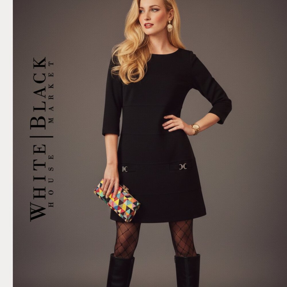 🌟White House Black Market Black 3/4 Sleeve Knit Sheath Dress Silver Buckle S
